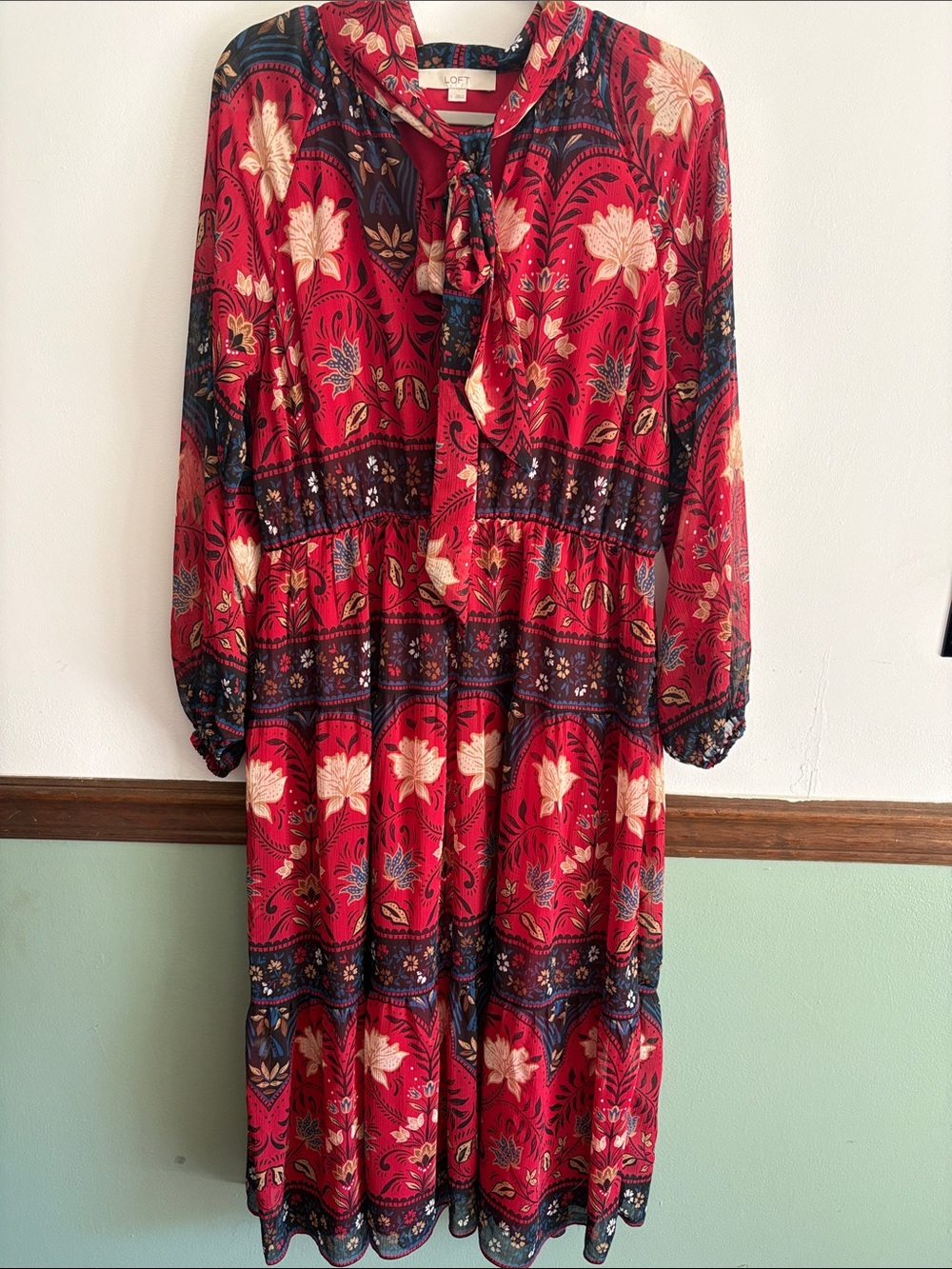 LOFT Red Floral Tie-Neck Tiered Long Sleeve Dress